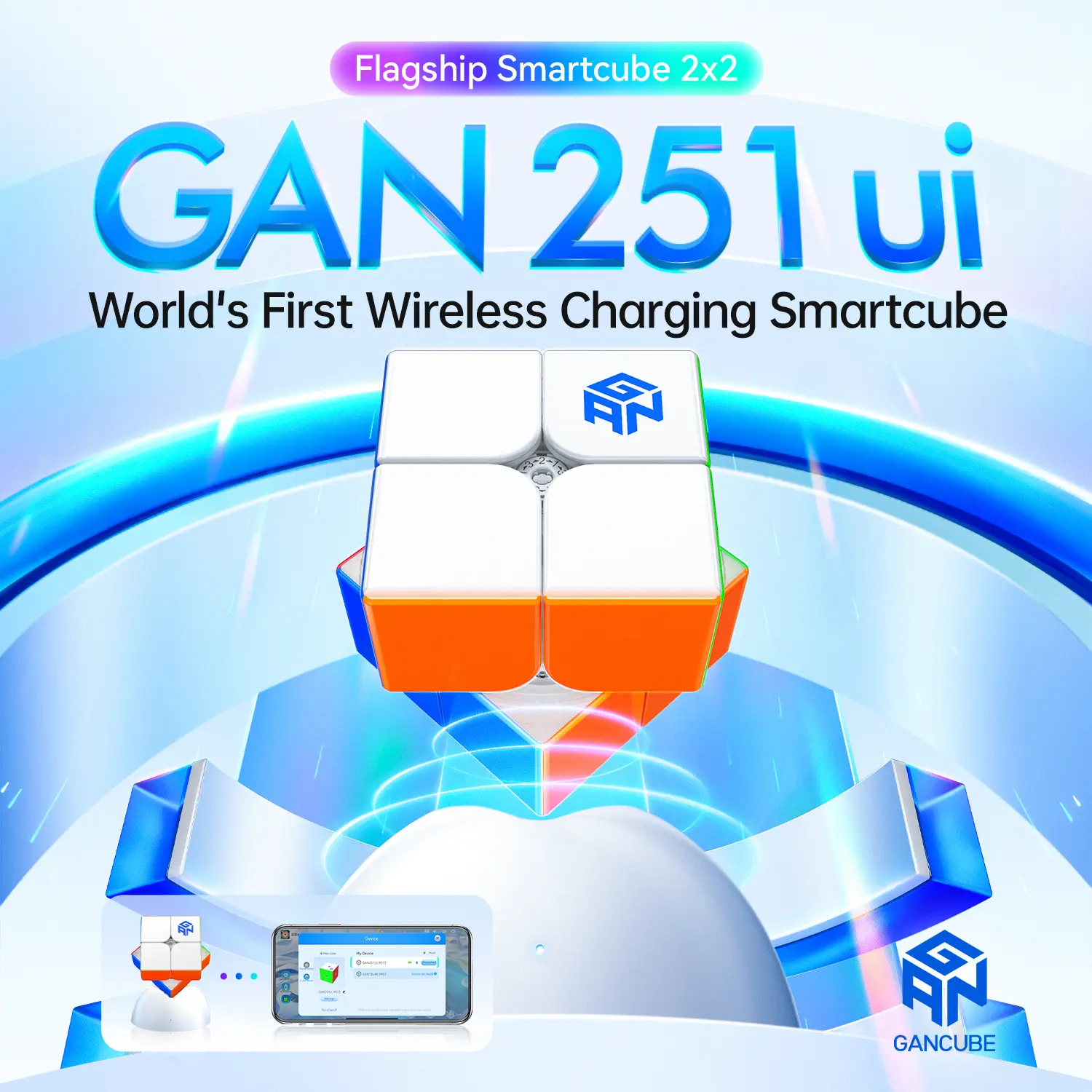【Official Store】GAN 251 UI 2x2 Magnetic Speed Cube with Wireless Charging & Bluetooth - Electronic Smart Cube with GAN PowerPod, Puzzle Toy for Kids Adults, Competition Timer, Step Tracking, UV Coated