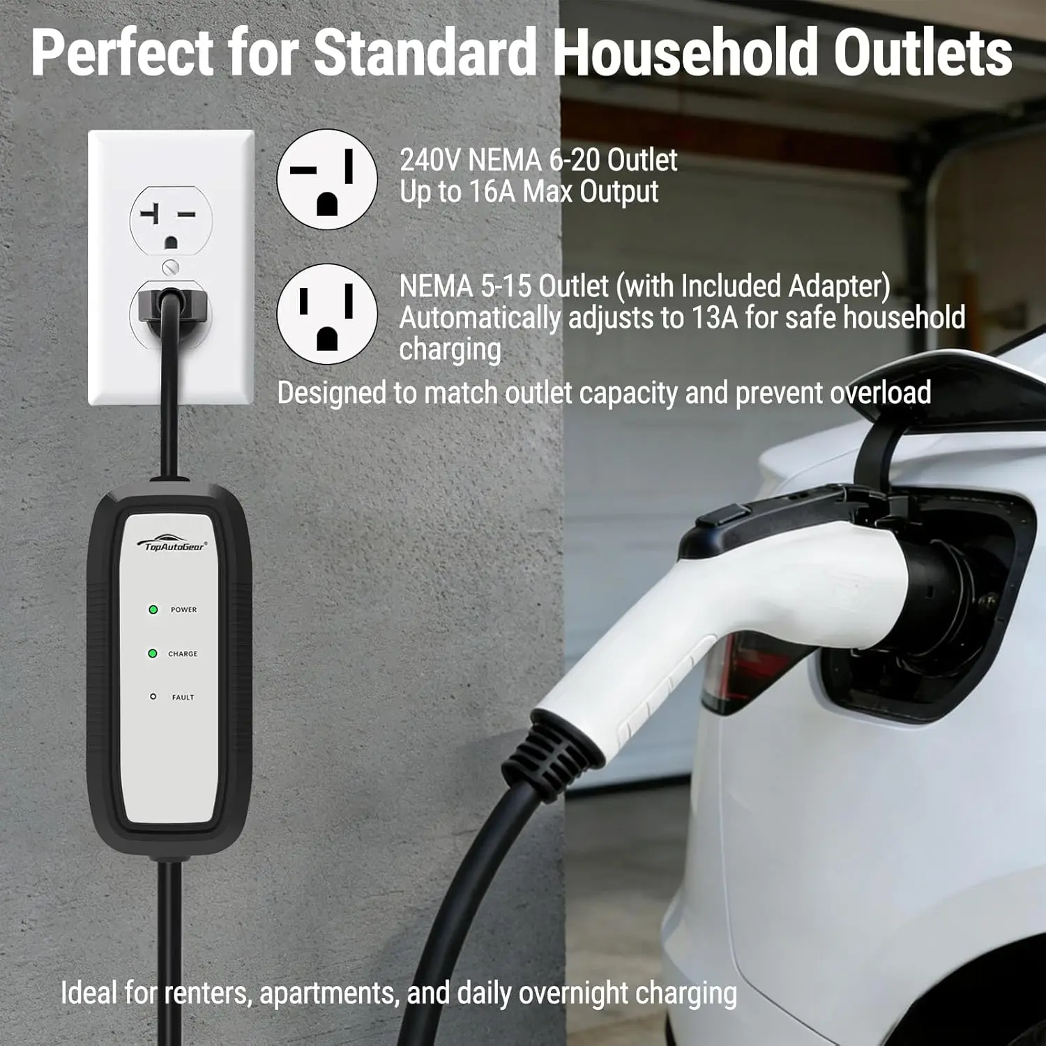 TopAutoGear Portable Level 1 & Level 2 EV Charger, 16A 110V/240V Electric Vehicle Charging Station, NEMA 6-20 Plug with NEMA 5-15 Adapter, Storage Bag Included, Compatible with All J1772 EVs, Ideal for Home & Emergency Travel Charging