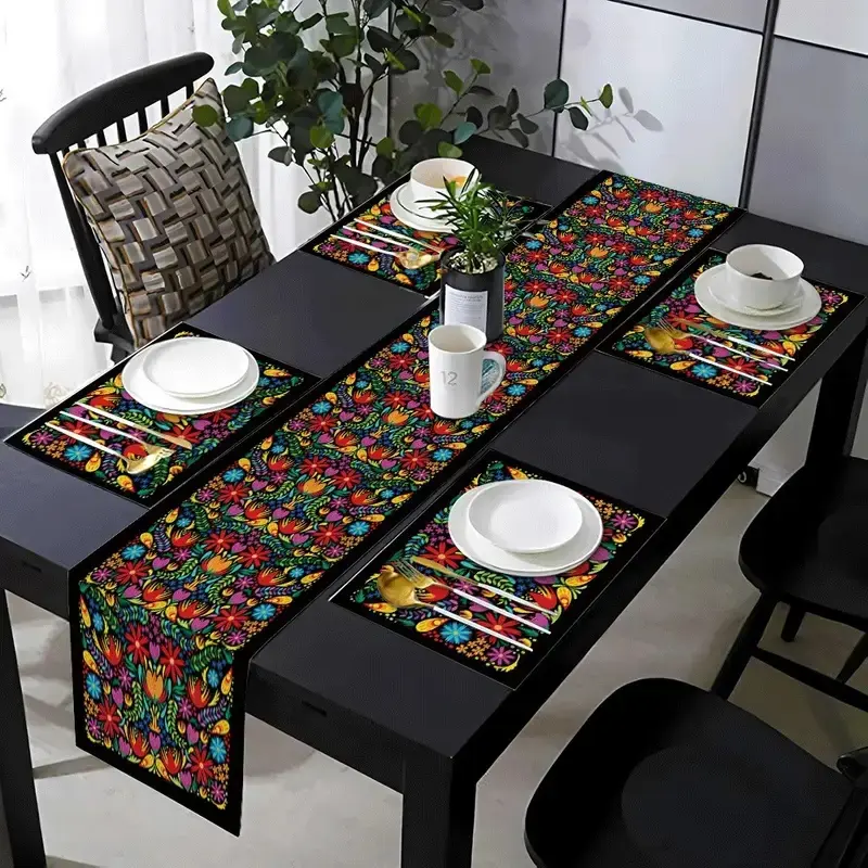 1/5/7 piece table runway and placemat set, featuring Mexican May 5th decorations and vivid floral patterns, for holiday gatherings, home kitchens, dining tables, living rooms, and daily indoor and outdoor use in households, Table Placemats