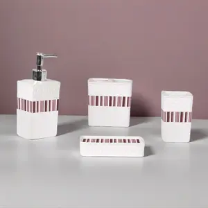 Four Piece Purple Mauve and White Stripe Ceramic Bathroom Accessory Set with Stylish Striped Design
