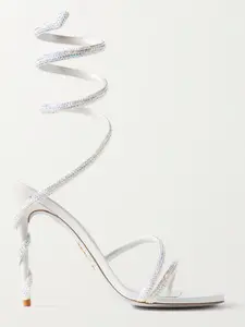 Rene Caovilla Margot Ivory White Crystal Ankle Wrap Strap Sandal Heel Pump