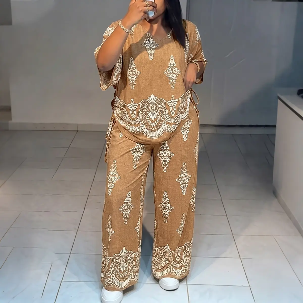 CHICME Women's Vintage Print 2 Piece Outfits V Neck Drawstring Ruched Top and Wide Leg Pants Set Casual Loose Loungewear