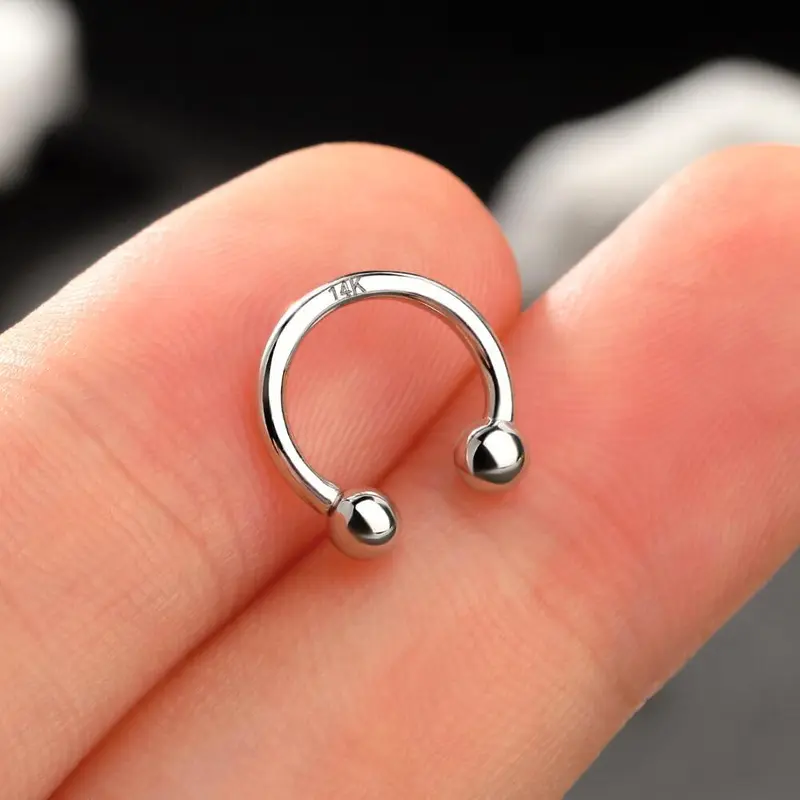 Oufer 14k Solid White Gold 16G Internally Threaded Ball End Horseshoe Septum Nose Piercing Ring -Classic Fit for Everyday Wear Inner Diameter 8mm 10mm