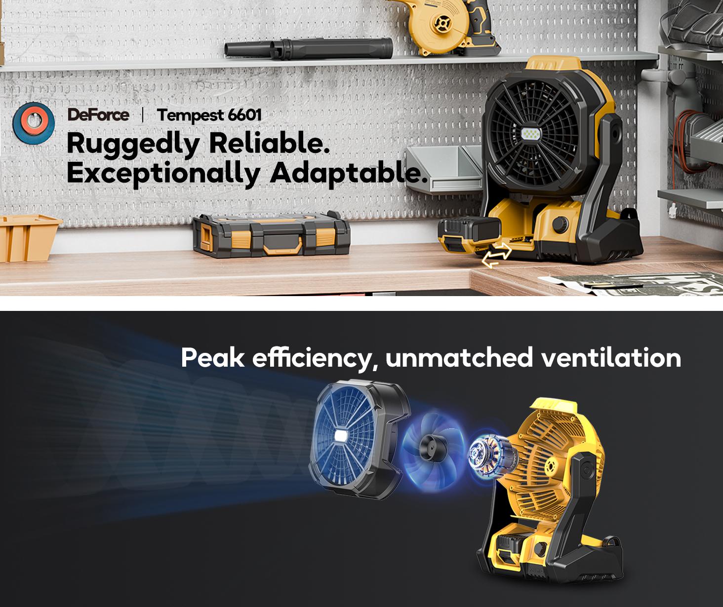 High Velocity Adjustable Cooling Rechargeable Fan for DeWalt 20V Max Battery, Cordless Battery Operated Fan with LED Lights & Hanging Hook, Variable Speed, for Jobsite & Camping(Battery Not Included)