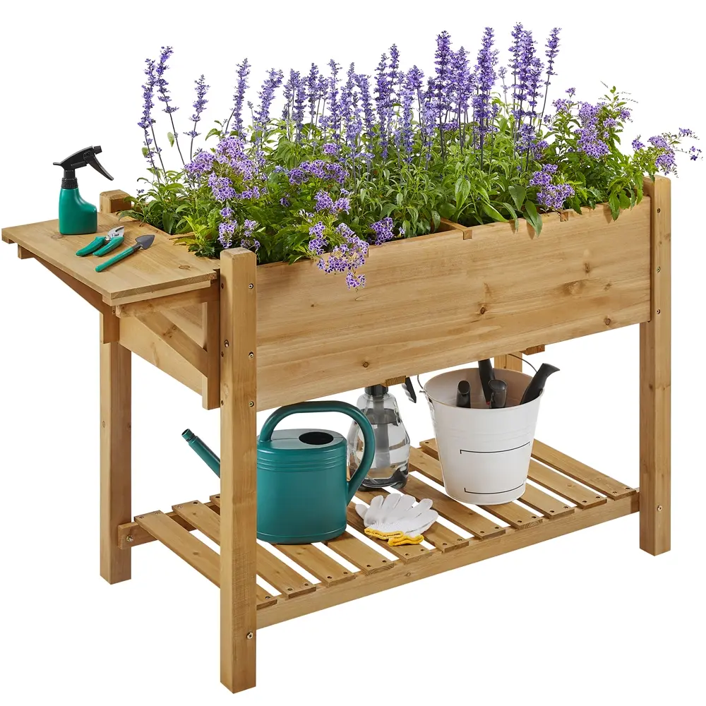 Costoffs Solid Fir Wood Rustic Raised Bed - Outdoor, 8 Grow Grids, Foldable Side Ledge, Ergonomic Waist-High Compact Design, 49x21.5x31.5in, Drainage Holes, 110lb Bottom Storage Shelf, 29.1lb, Fabric Liner, Easy Assembly with Guide, Greenhouses Compatible