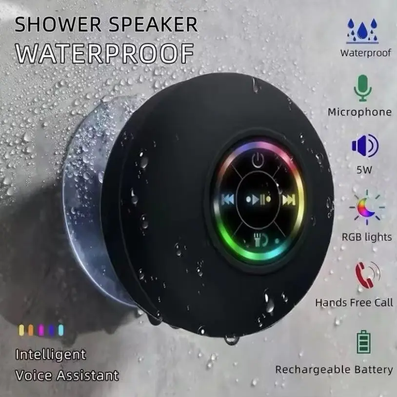 Bluetooth Shower Speaker with LED Light, IPX4 Waterproof Subwoofer, Built-In Mic, Hands-Free Suction Cup Mount Speaker for Bathroom, Pool, Beach, Car & Outdoor Use