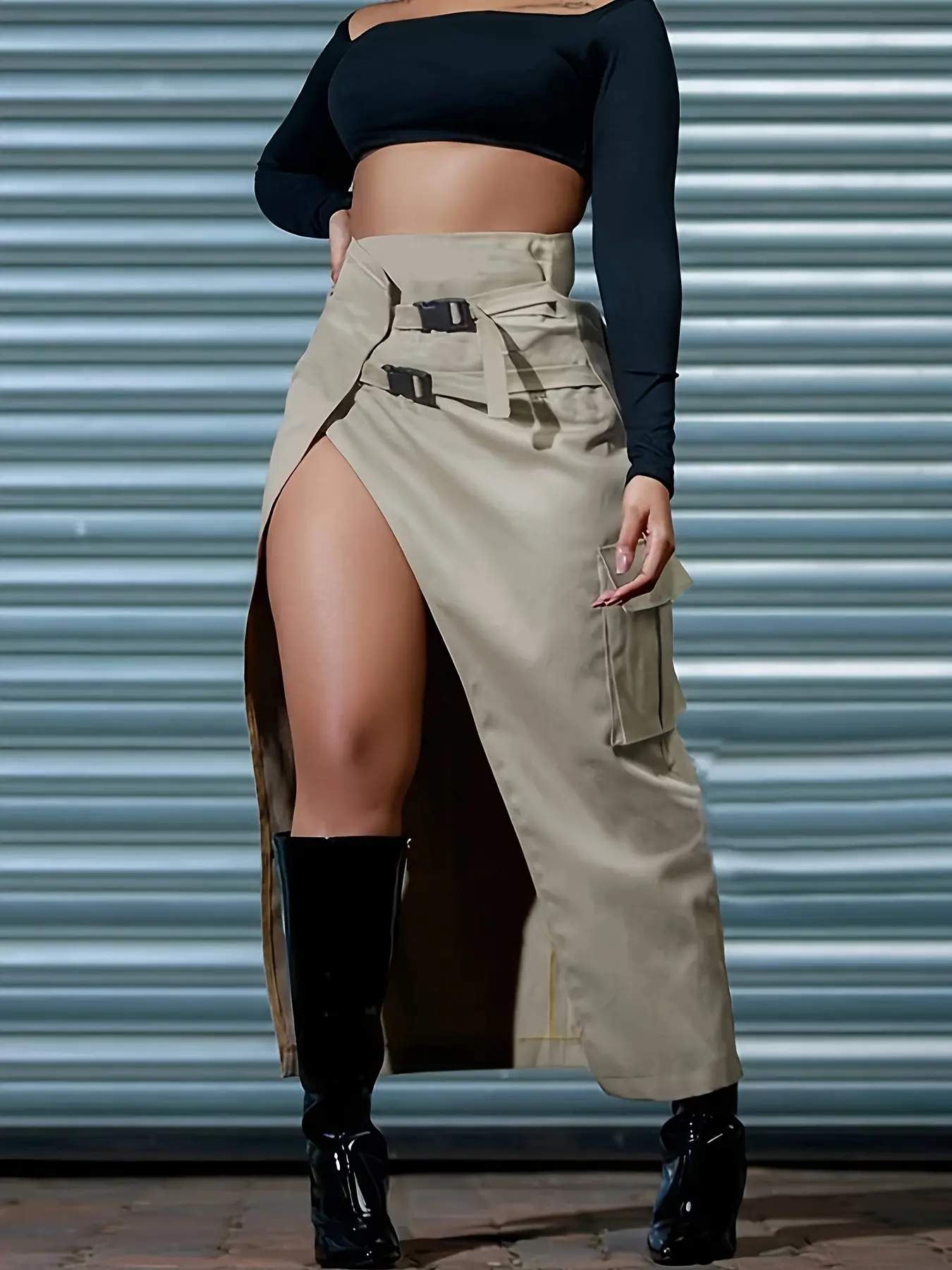 High-Waisted Midi Skirt with Split Design, Sexy A-Line Skirt with Belt, Workwear Style Skirt for Women, All Seasons Fashion