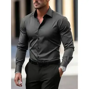 Men's Elegant Shirt, Regular Fit, Classic Collar, Long Sleeve, Solid Color, Iron-Free Fabric, Suitable for Business & Casual Wear, Casual Party Shirt