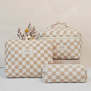 Checkerboard Pattern Makeup Bag Set, 3 Counts/set Large Capacity Travel Cosmetic Storage Bag, Makeup Case, Zipper Makeup Organizer Pouch, Versatile Storage Bag Travel, Gym, Office, Home, Stackable Makeup Holder Kits, Beauty Organizer, Makeup Organiser
