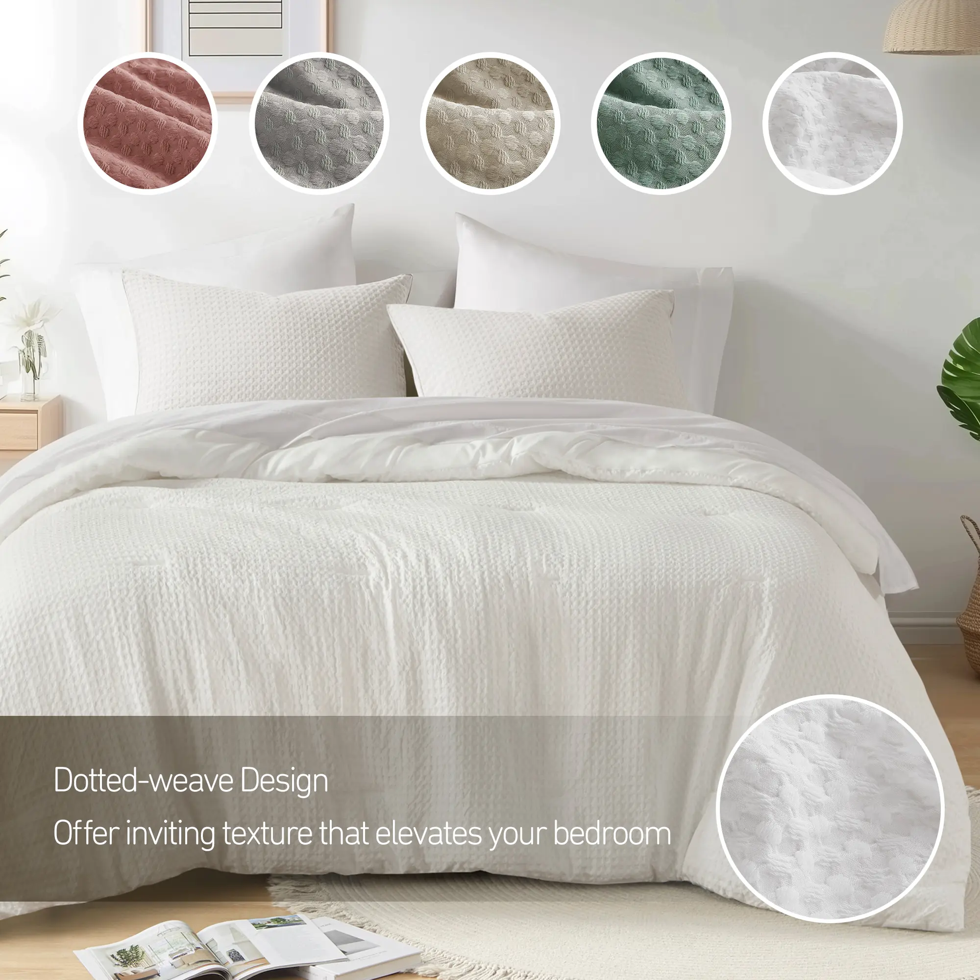 3-Piece Classic Modern Farmhouse Boho Cozy Bedding Set - Breathable Dotted Weave Synthetic Polyester Comforter, All-Seasons Use, Home Decor Essential with Cooling Bedding & Blankets for Garden & Household Aesthetic Rooms