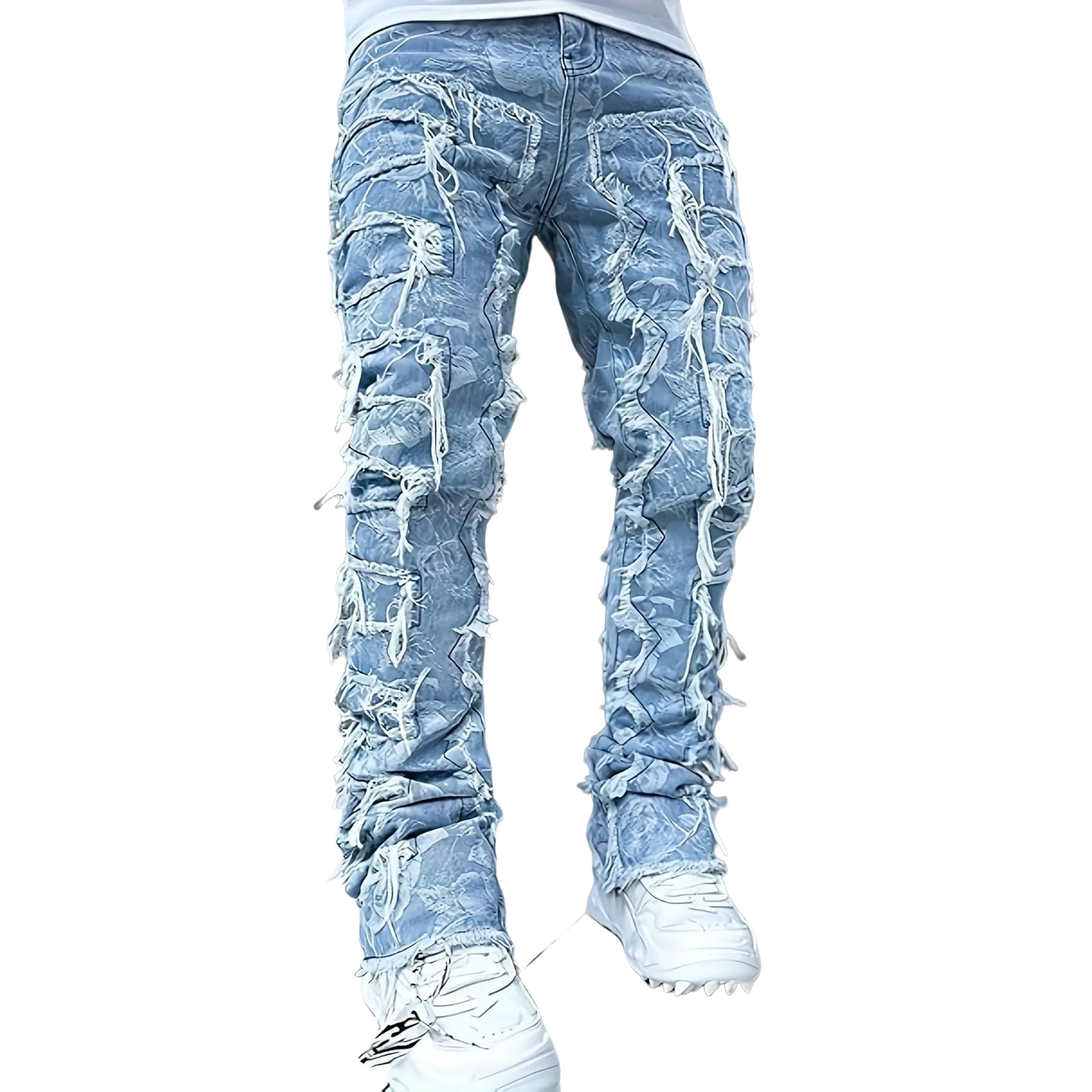 Men's Slim Straight Leg Denim Jeans - Stylish, Ripped, Deconstructed, Layered, Pocketed, Below-Ankles Streetwear Bottoms