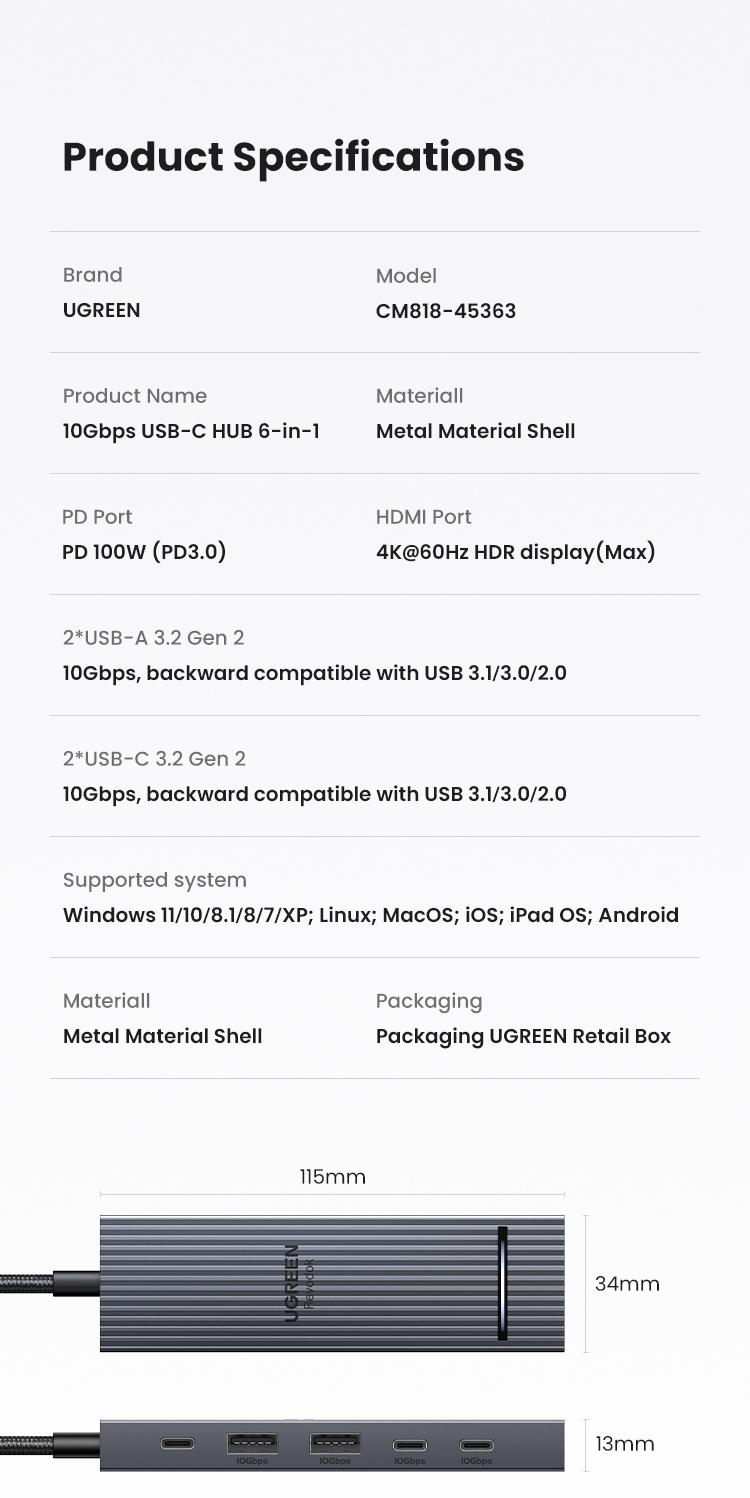 UGREEN Revodok Pro USB-C Hub 6 in 1 10Gbps 4K 60Hz HDMI, 100W Power Delivery for MacBook Pro/Air, iPad Pro-September Restock，TikTokShopBlackFriday ,TikTokShopHolidayHaul