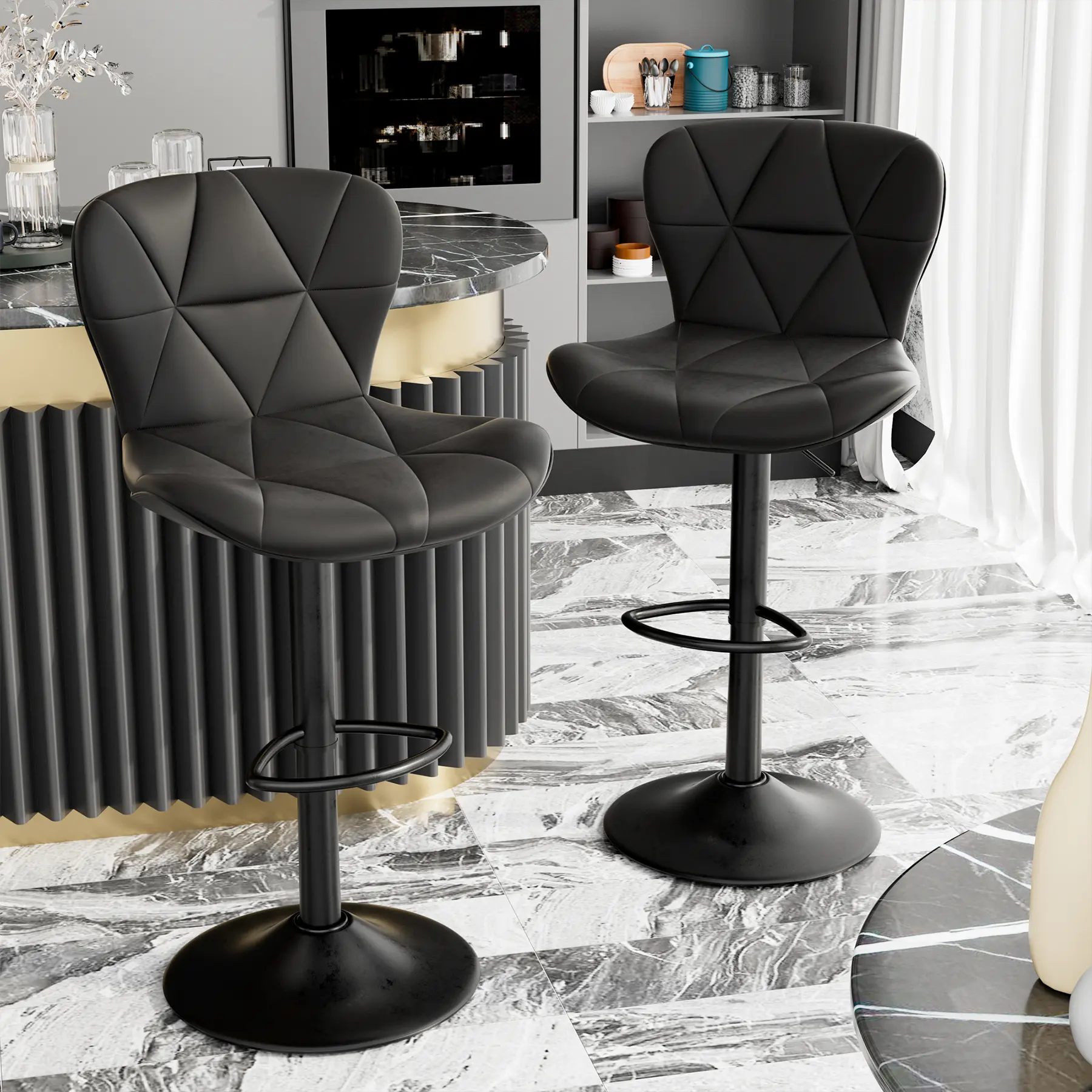 Modern Bar Stools, Adjustable Faux Leather Upholstered Swivel Bar Stools, Counter Height Bar Chairs with Back for Kitchen Island, Black