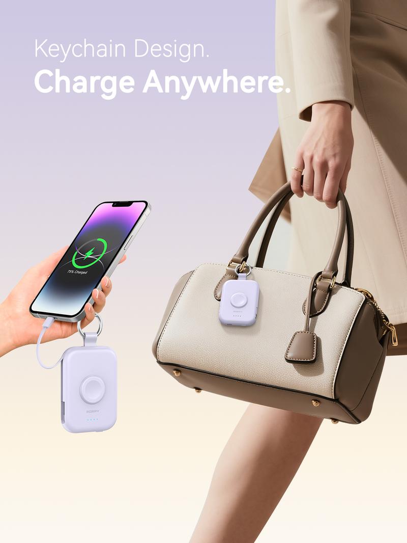 RORRY Portable Charger 5000mAh Keychain Power Bank with Integrated Wireless Charging for Apple Watch & iPhone 17-11 Series Compact Travel Friendly Design Perfect Gift Valentinesdaygift