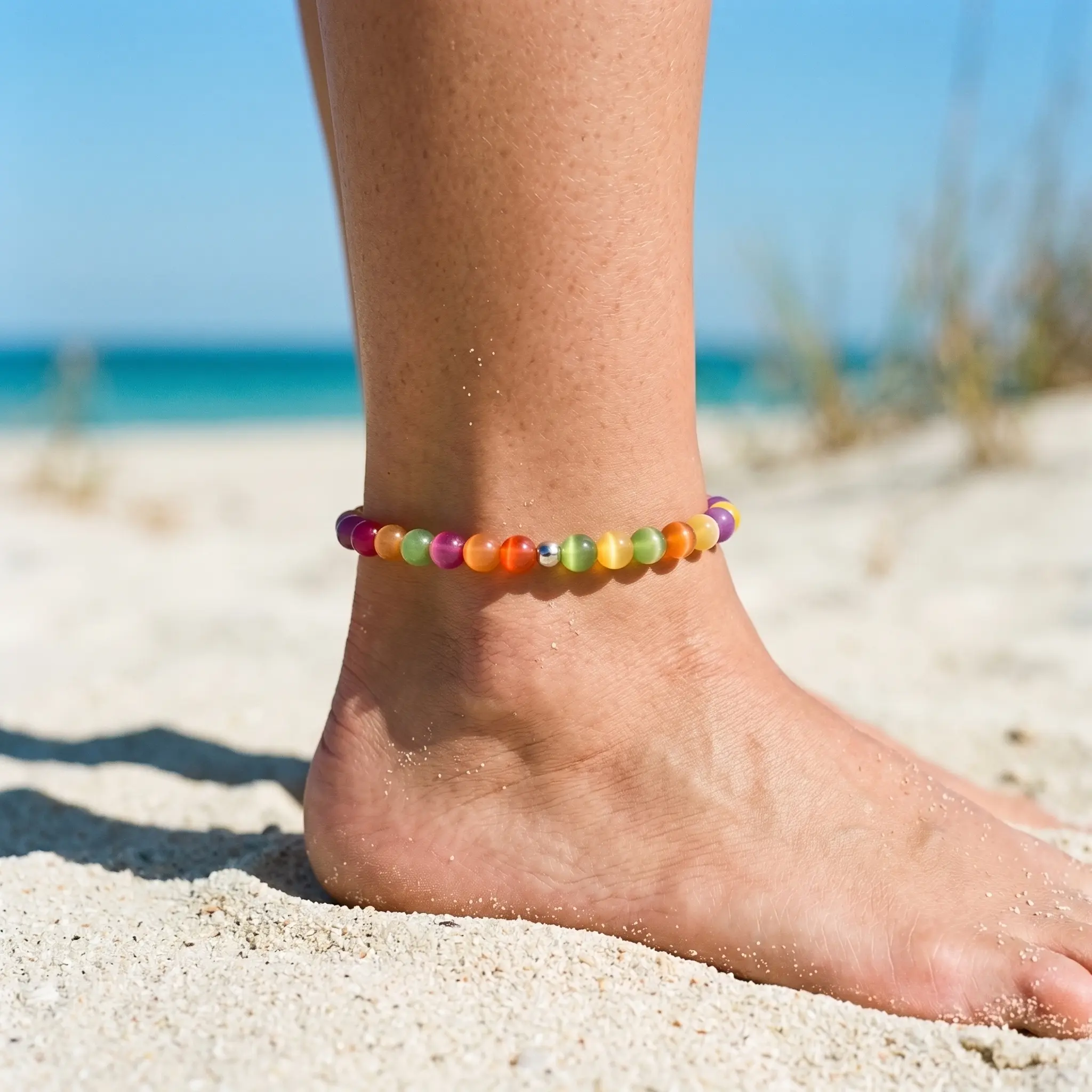 Dopamine Anklet - Rainbow Beaded Anklet - Sun UV Reactive Anklet 8mm Resin Beads - Color Changing Anklet - Boho Style Dopamine Summer Jewelry
