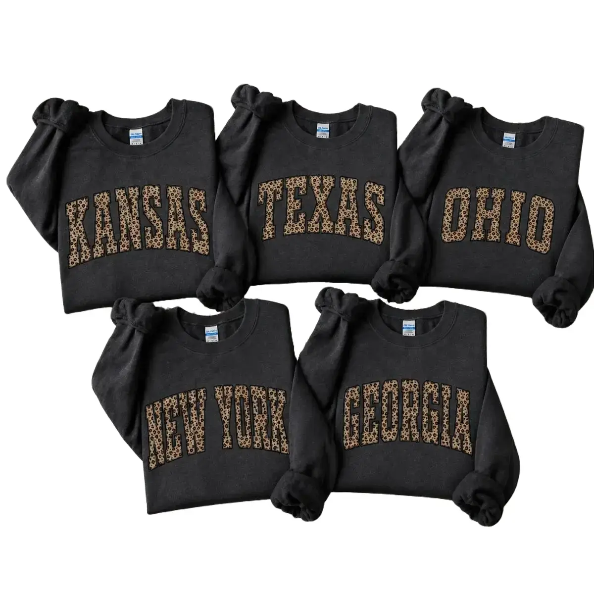 Women's Custom 50 State Leopard Print Casual Loose Cotton Crewneck, Unisex Pullover, Vintage College Letter Sweatshirt, Family Matching Birthday Gift - TrendWear USA