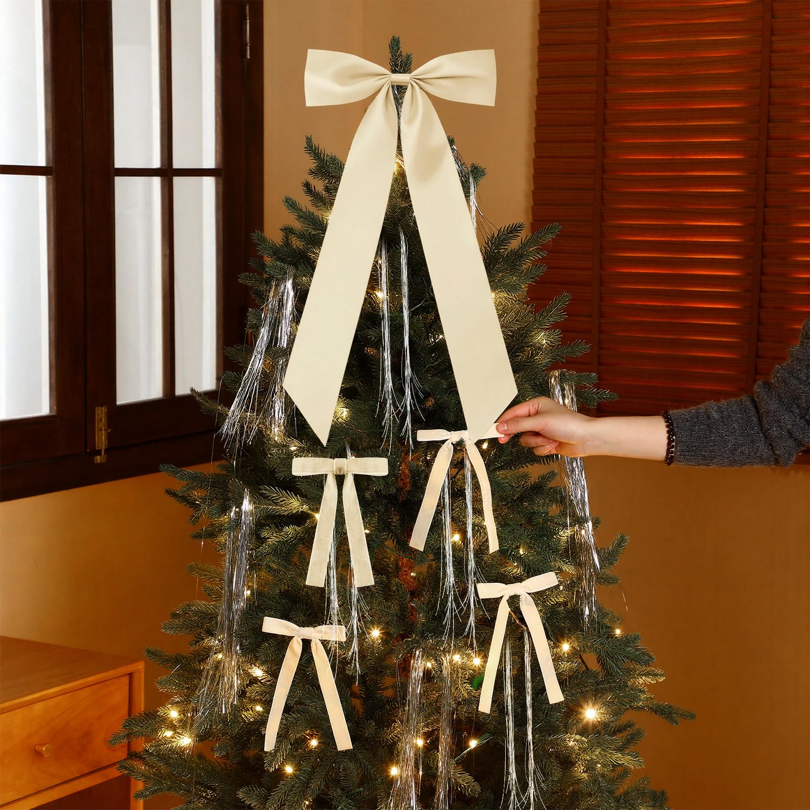 Christmas Clearance Sale Valentine's Day Decor Velvet Bows Christmas Tree Topper Bows & Tinsel Set Christmas Ornaments Bows for Xmas Tree Holiday Home Wedding Party Outdoor Christmas Decor Christmas Gifts, Gif Wrapping & DIY Project