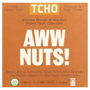 TCHO Aww Nuts!, Almond Butter & Sea Salt Filled Dark Chocolate, 75% Cacao Shell, 3 Bars, 0.70 oz Each