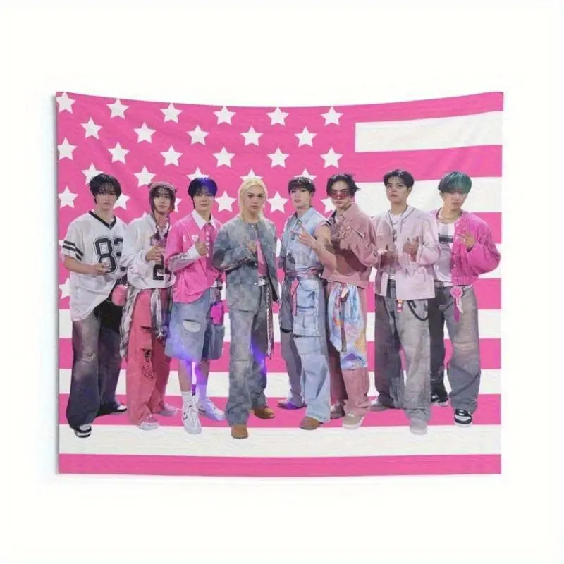 Art Tapestry 2D Flat, 1pc 2D Printing Stray Members Pink American Flag, Stray Concert Banner, SKZ Kpop Banner, Stray Ate, Skz DominAte, Stray 202 3* in Grommets' Color Random