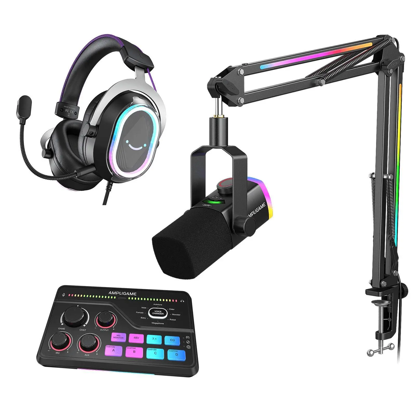 fifine Streaming & Gaming Ultimate Bundle Kit: AM8ProT Boom Microphone with RGB Lights, SC8 Audio Mixer, H13 Headset, Streaming Equipment