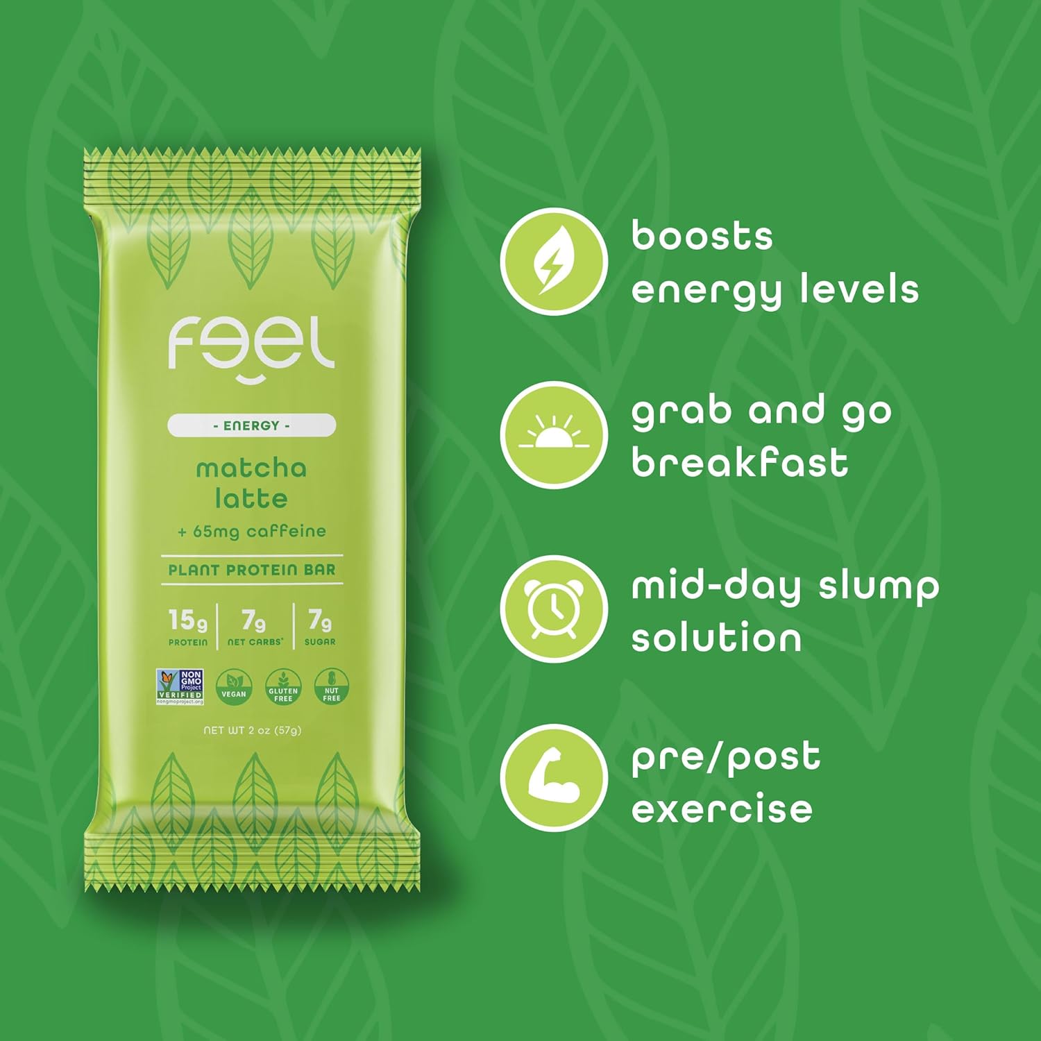 Feel Bars – Vegan Protein Bars | Matcha Latte – 10 Pack | 15g Plant Protein | +L-Theanine | Keto | Organic | Gluten Free, No Nuts, No Soy, No Dairy, No Grains