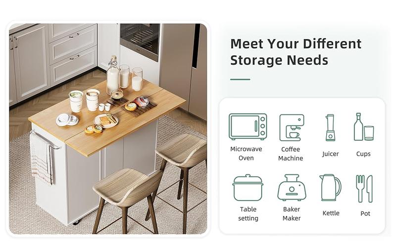 Walsunny Rolling Kitchen Island with Foldable Drop Leaf,  Adjustable Organiser Storage Cabinet with Cart Handle for Towel Rack, Portable Island, White