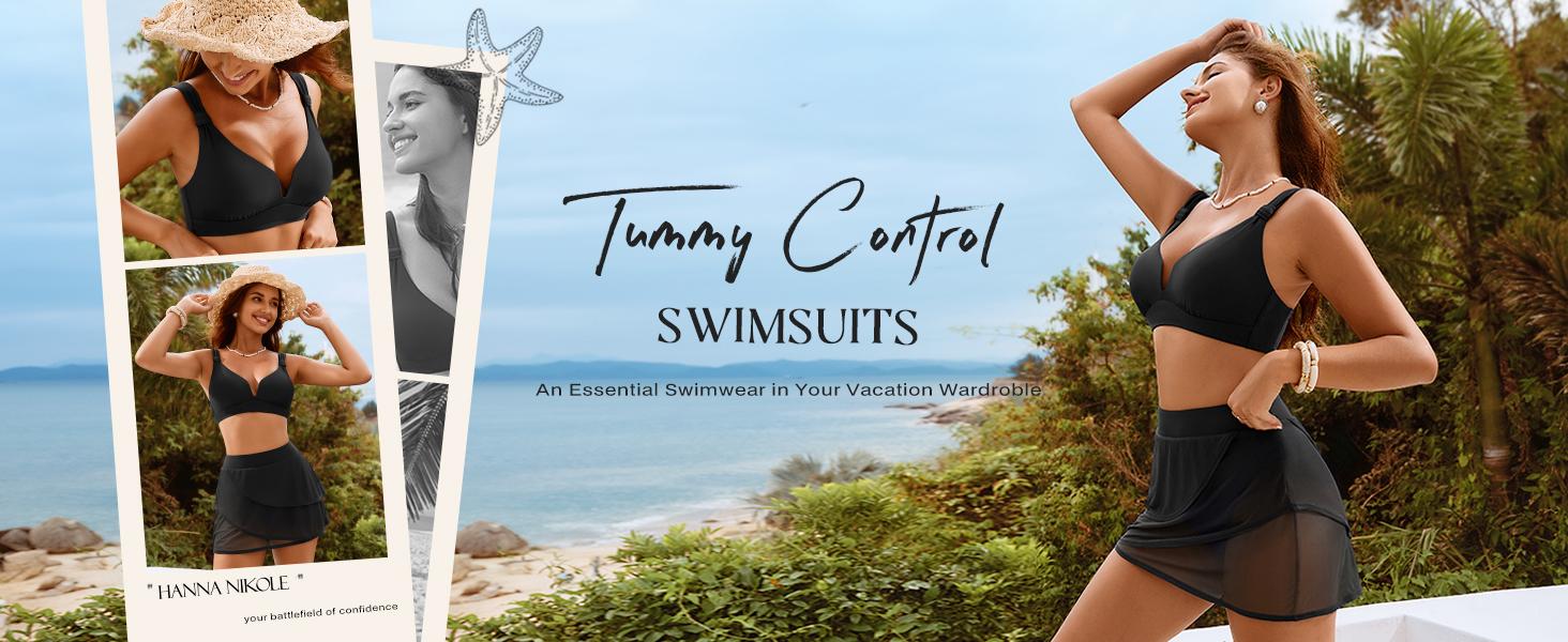 【S-2XL】Hanna Nikole Womens High Waisted Bikini Sets, Modest Tummy Control Swimsuits, 2 Piece Bathing Suits Mesh Swim Skirt