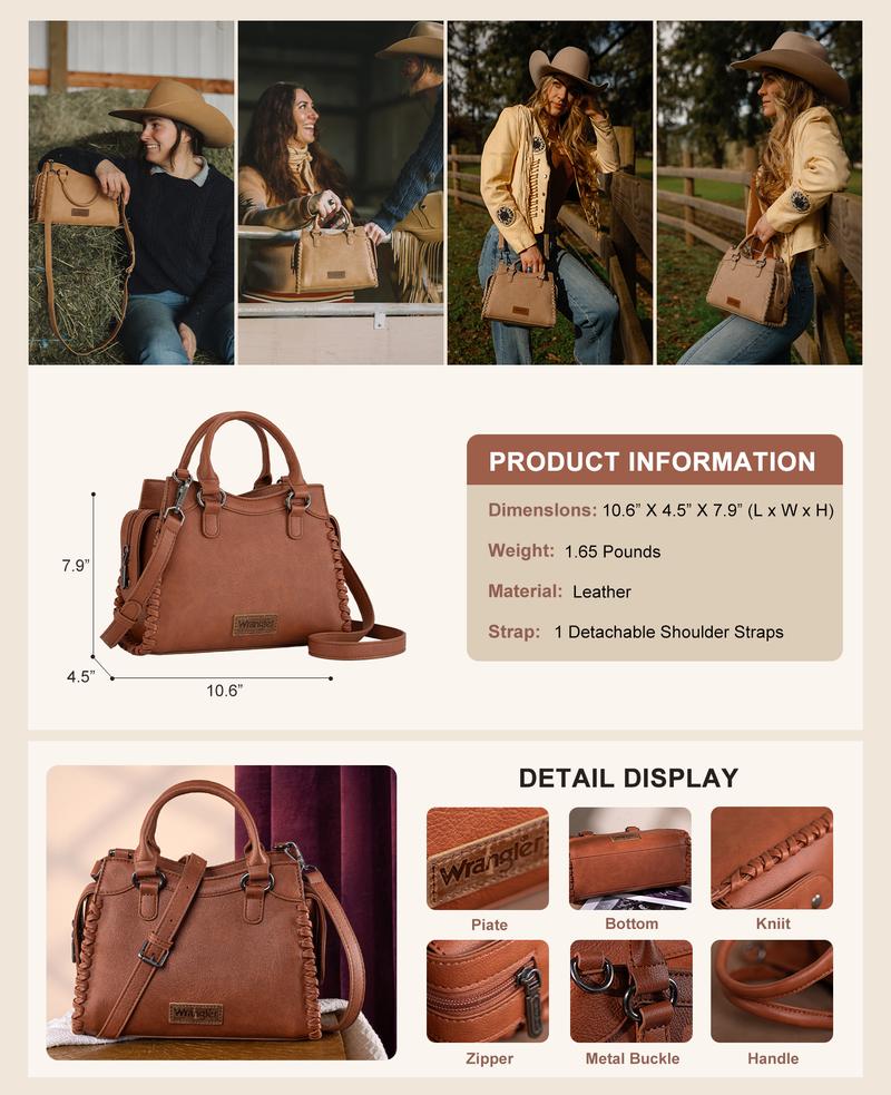 Wrangler Carry-All Whipstitch Braided Fall Purses for Women Small Crossbody Purse and Handbags with Detachable Strap & Secure Top Zipper Closure