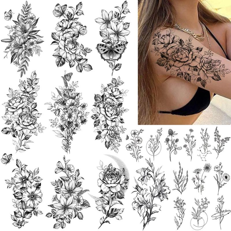23 Sheets Flower Temporary Tattoos For Women - Waterproof Realistic Rose Orchid Tattoos Tiny Branch Sketch Fake Tattoos for Women Body Art Arm Neck Hands