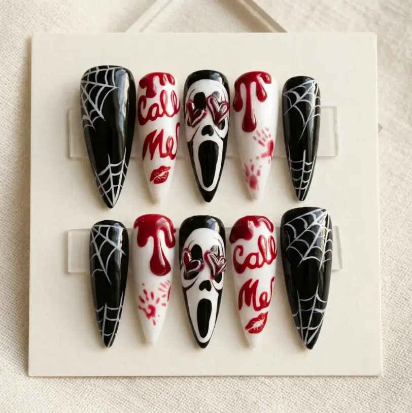 Spooky Horror Mask Black Stiletto Press On Nails Bloody Drip Halloween Aesthetic.