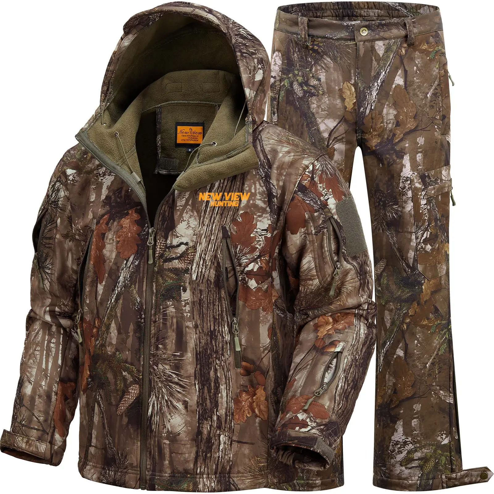 Men's Adult Softshell Hunting Suit - Warm Fleece-Lined Patented Tree Camo Leaf Jacket & Pants, Silent Water-Resistant Windproof Gear for Cold Weather Duck Hunting with Elastic Waist, Windy