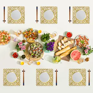 6 PCS Square Dinner Plates 11.81x11.81in Gold/Sliver/Pink PP Acrylic Electroplated Embossed Edge Stackable For Wedding Banquet Party Table Decor