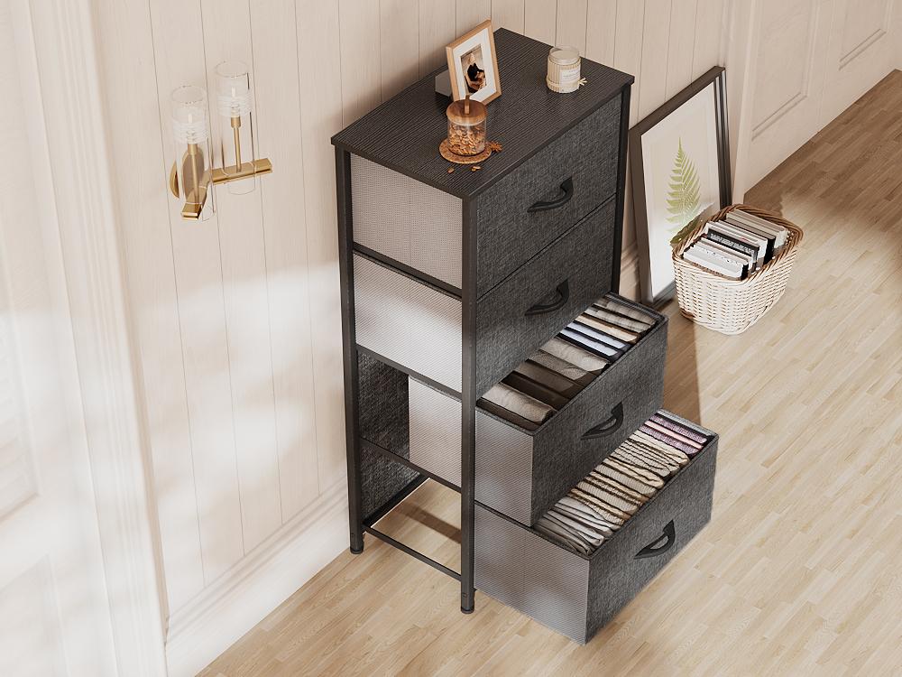 Yitahome Storage Tower with 4 Drawers - Fabric Dresser, Organizer Unit for Bedroom, Living Room, Closets & Nursery - Sturdy Steel Frame, Easy Pull Fabric Bins & Wooden Top (Black/Grey)