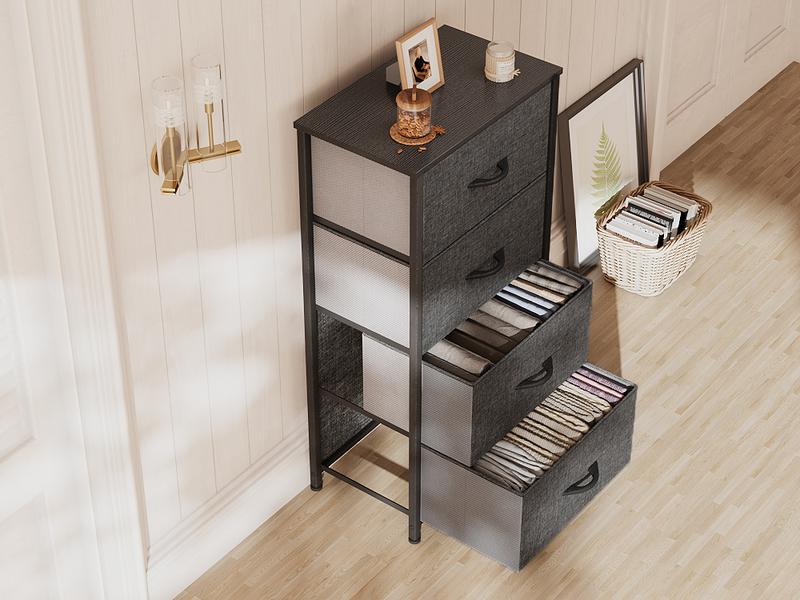 Yitahome Storage Tower with 4 Drawers - Fabric Dresser, Organizer Unit for Bedroom, Living Room, Closets & Nursery - Sturdy Steel Frame, Easy Pull Fabric Bins & Wooden Top (Black/Grey)