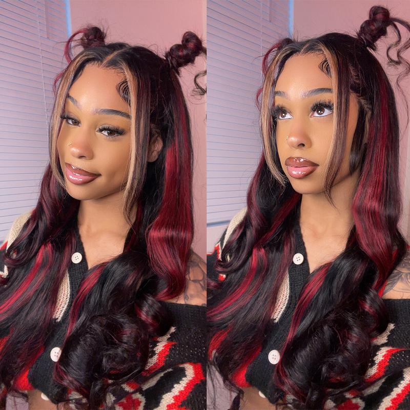 Body Wave Black Red Blonde Highlights Human Hair Wig  Transparent Lace Frontal Wigs Pre Plucked with Baby Hair 180% Density Blonde Red Highlights Wig 13X4 Pre Plucked Lace Front Wig