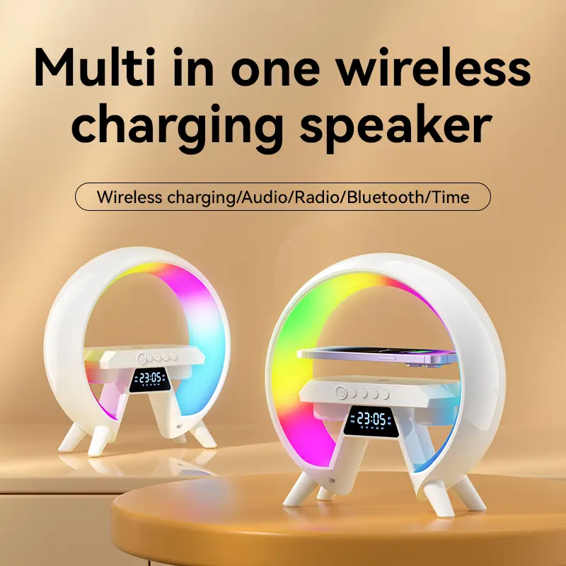 Smart LED Table Lamp - 4-in-1 Wireless Charger, Bluetooth Speaker, Alarm Clock & Night Light with App Control, Multifunctional Bedside Desk Lamp for Bedroom, Office, Home Decor