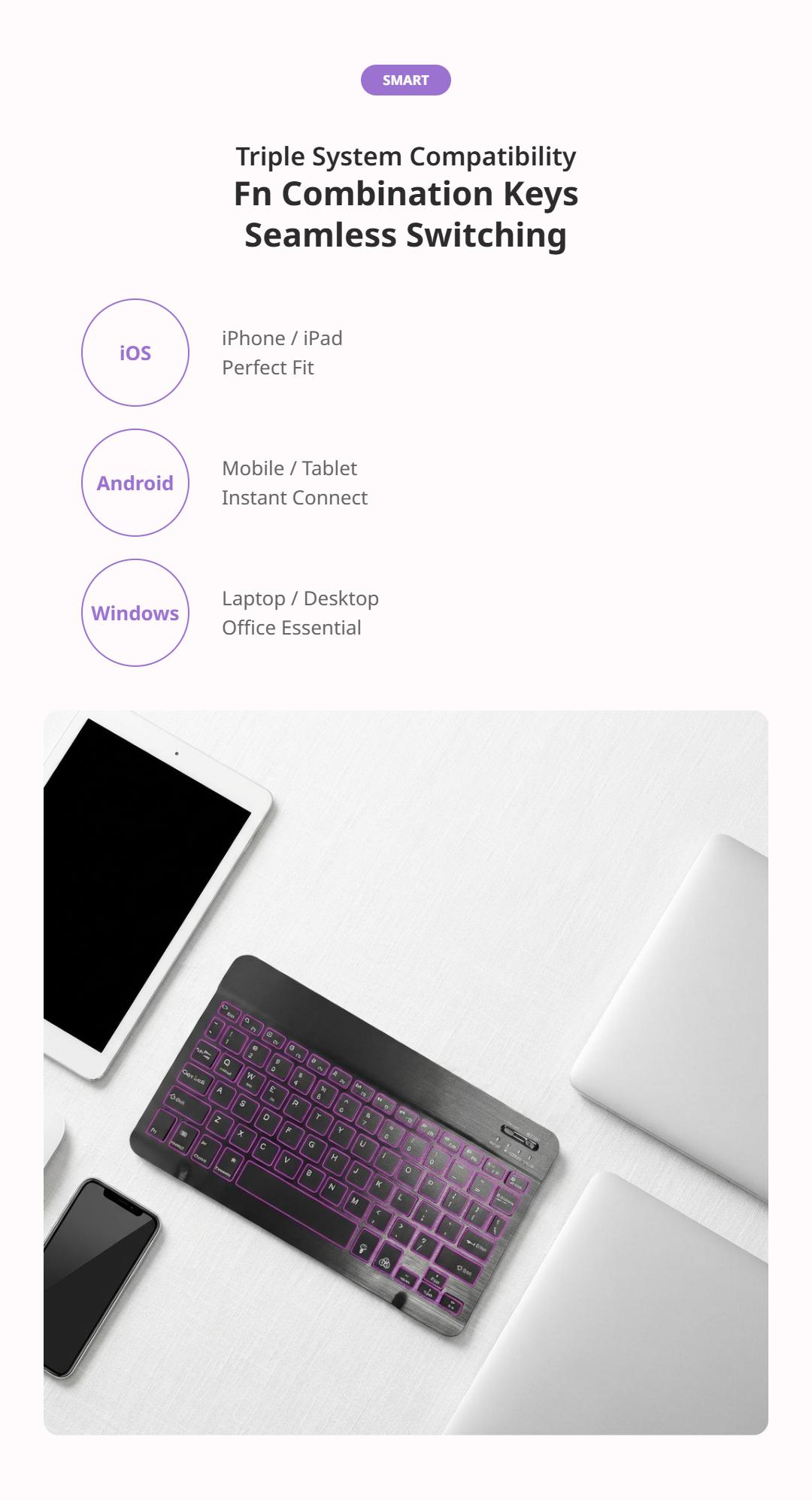 Ultra Light Wireless Bluetooth Keyboard - Slim Mini Universal Multi-Device Compatible Keypad, Rechargeable Quiet Lithium Ion Powered, Smooth Typing, Travel-Friendly for iPad, Windows, Android Devices, Ultra Light Wireless Keyboards