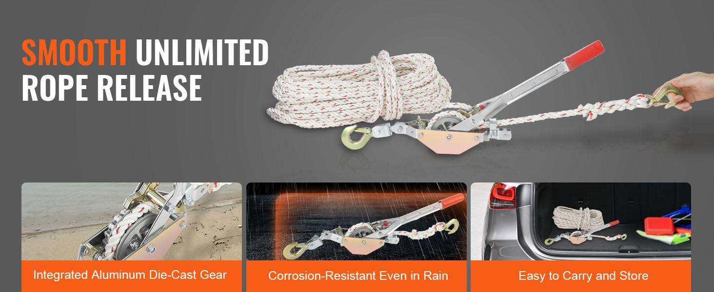 VEVOR Rope Puller, 3/4 Ton (1,653 lbs) Pulling Capacity, with 100' of 0.6" dia. Rope, 2 Hook, Come Along Winch, Heavy Duty Ratchet Power Puller Tool for Moving Boats, Securing Items, Transporting Logs