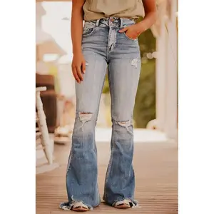 JWDH Blue Color Ripped Flared Jeans Washed-out Vintage Denim Trousers Women Flared Jeans Pants Casual