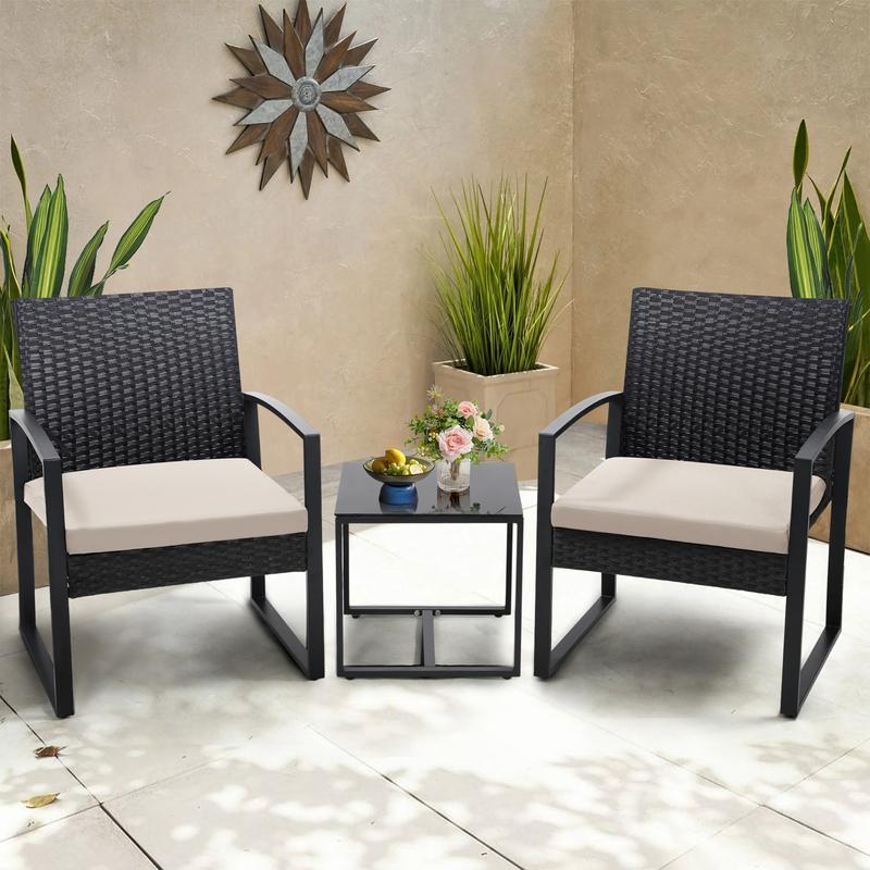 GOOD DEALS SMILE 3 Piece Wicker Patio Furniture Set, Outdoor RockingChairs, Outdoor Furniture with Table & Cushions, Patio Chairsfor Balcony Porch, Black