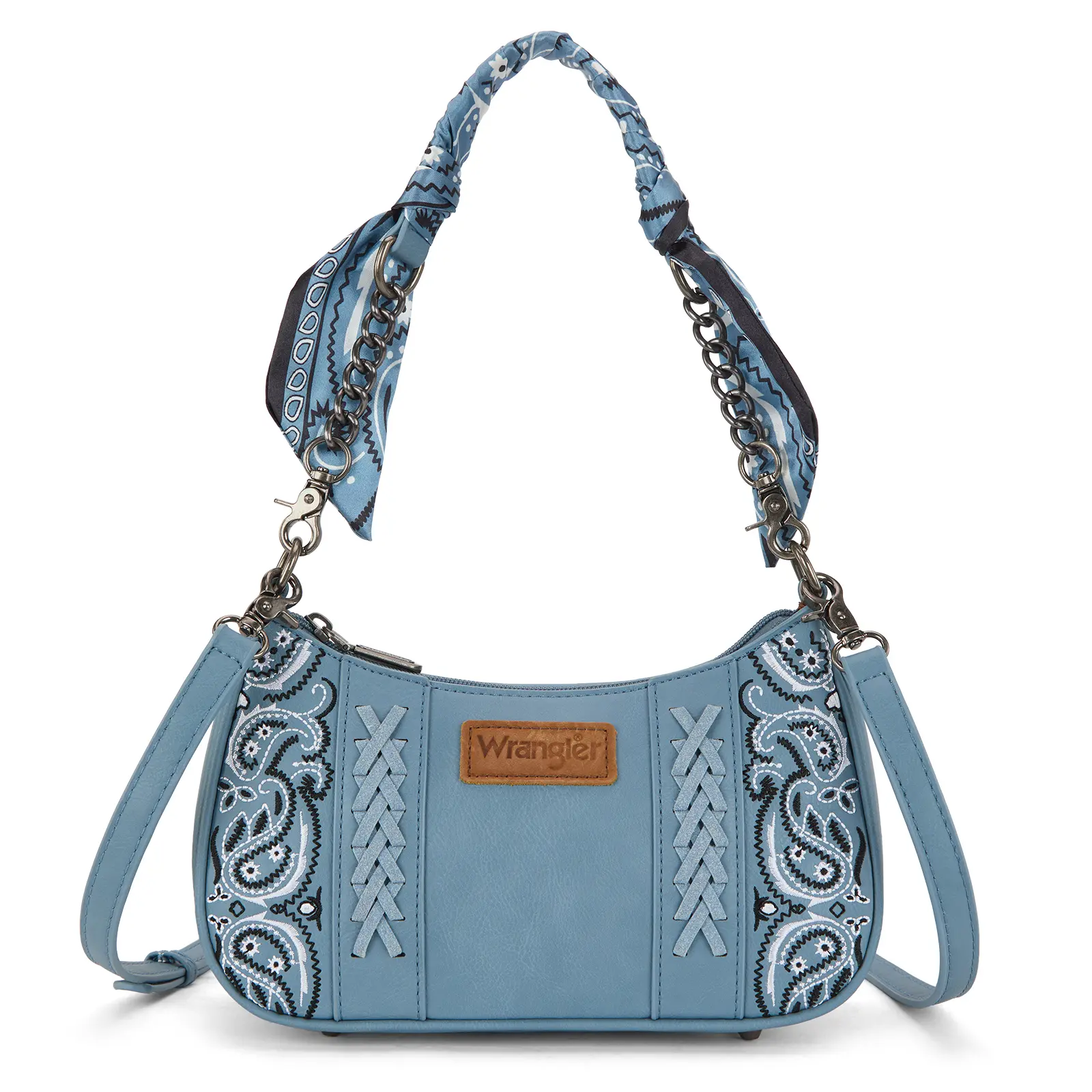 Wrangler Embroidered Paisley Ranchera Sky Print Faux Leather Crossbody/Shoulder Purse for Women with Removable Scarf Strap & Zipper Closure