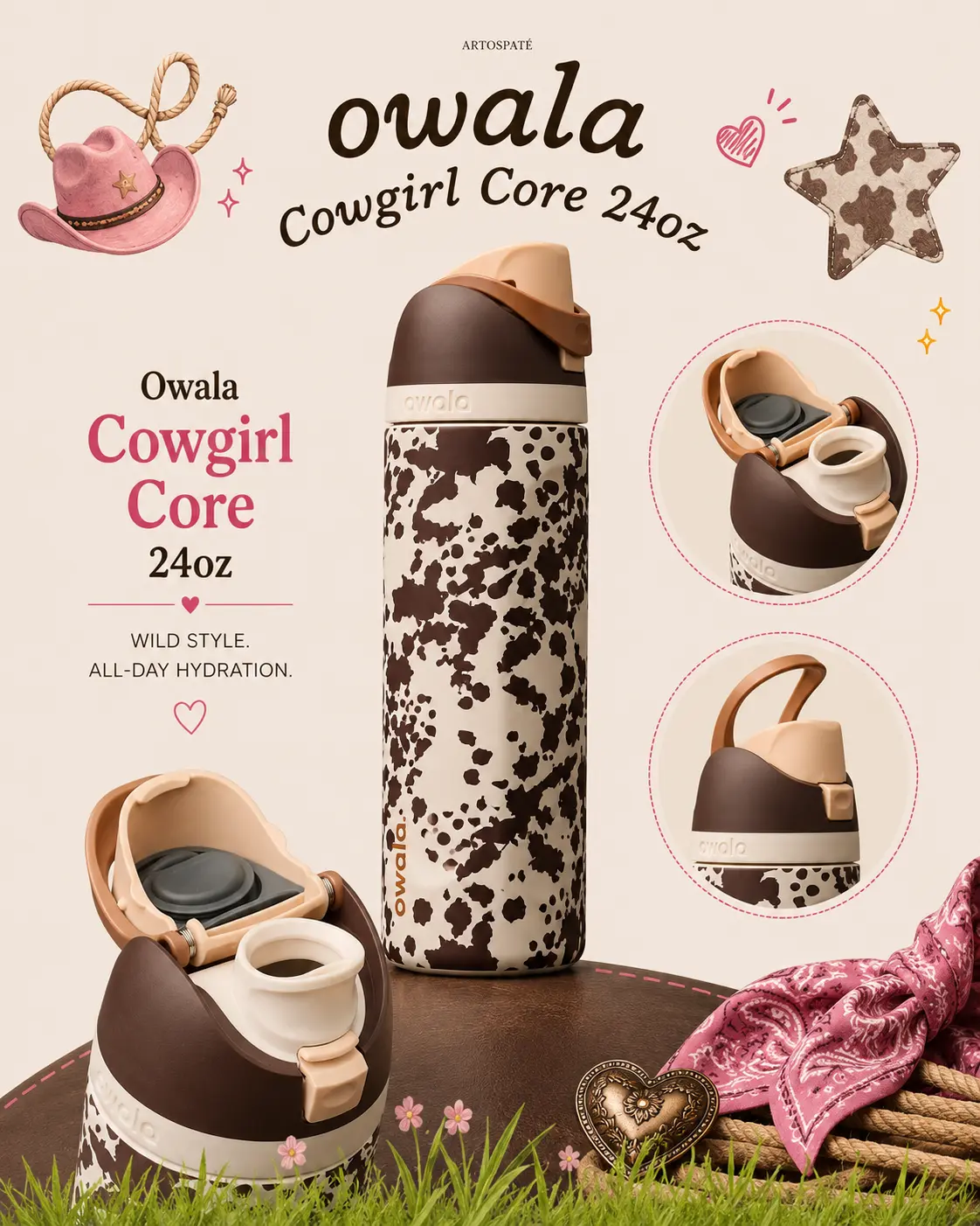 Owala Cowgirl Core 24oz FreeSip Water Bottle | Western Rodeo Insulated Stainless Steel Bottle for School, Travel, Gym & Country Concerts