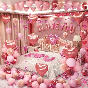 Valentines Day Balloons Kit with I Love You Balloons, 1000pcs Rose Petals and Heart Hanging for Anniversary Wedding Romantic Decorations Special Night
