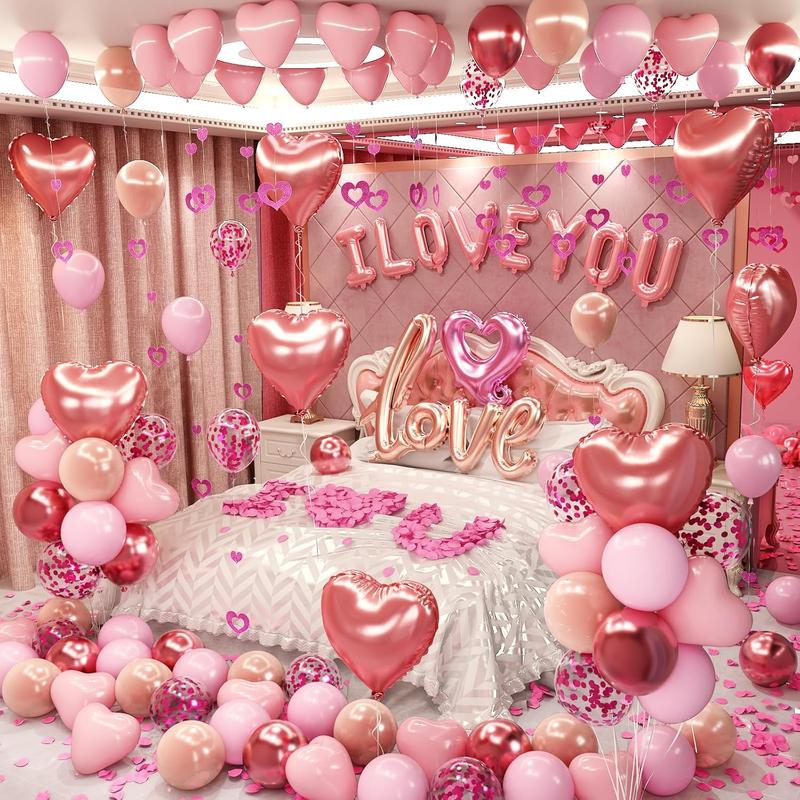 Valentines Day Balloons Kit with I Love You Balloons, 1000pcs Rose Petals and Heart Hanging for Anniversary Wedding Romantic Decorations Special Night