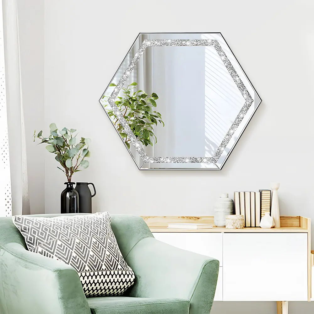 Frameless hexagonal decorative mirror, 24-inch crystal rhinestone makeup mirror, silver wall decor, wall-mounted vanity mirror, suitable for living room, bathroom, entryway, hallway, fireplace area