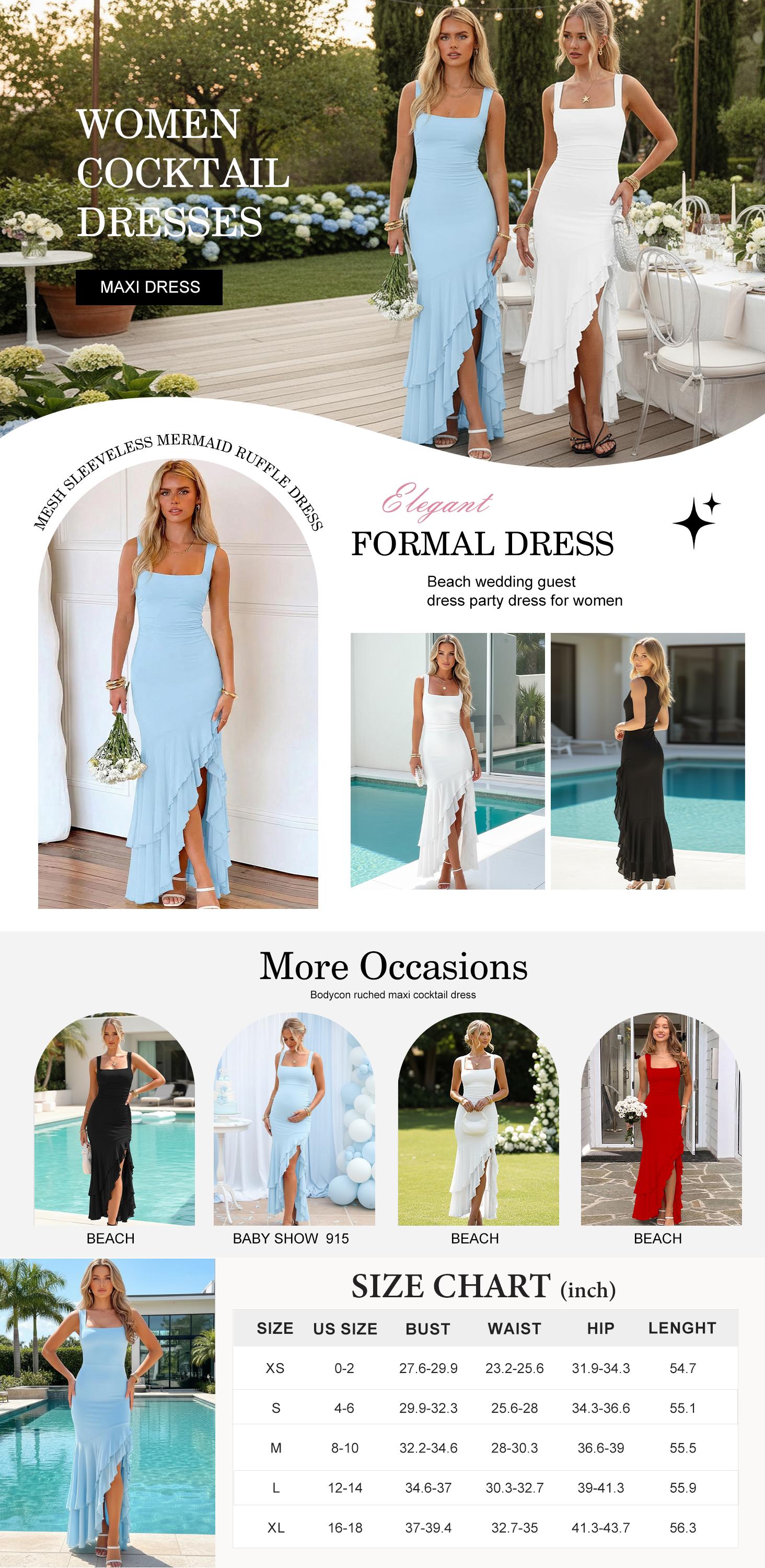 BORIFLORS Women's Elegant Square Neck Ruched Maxi Dress Mesh Flowy Ruffle Mermaid Hem Bodycon Coquette Aesthetic Wedding Guest & Cocktail Party Gown Formal Womenswear Sleeveless