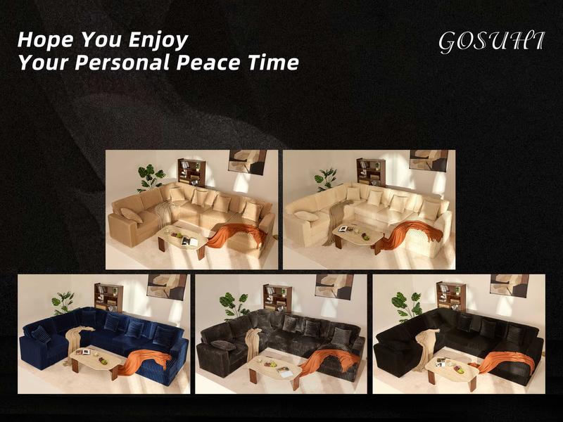 【6 Packages Shipping】Queen Sofa,Cloud Couch 139" U-Shaped Sectional Sofa, Oversized 7-Seater Modular Couch with Corduroy Upholstery, Deep Seats, High Backrest & Pocket Spring Cushions for Living Room, Right Facing Chaise