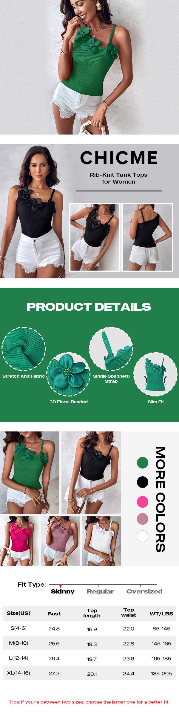 ChicMe 2 Piece Women's Solid 3D Flower Tank Top Asymmetrical Neck Sleeveless Casual Ribbed Knit Camisole