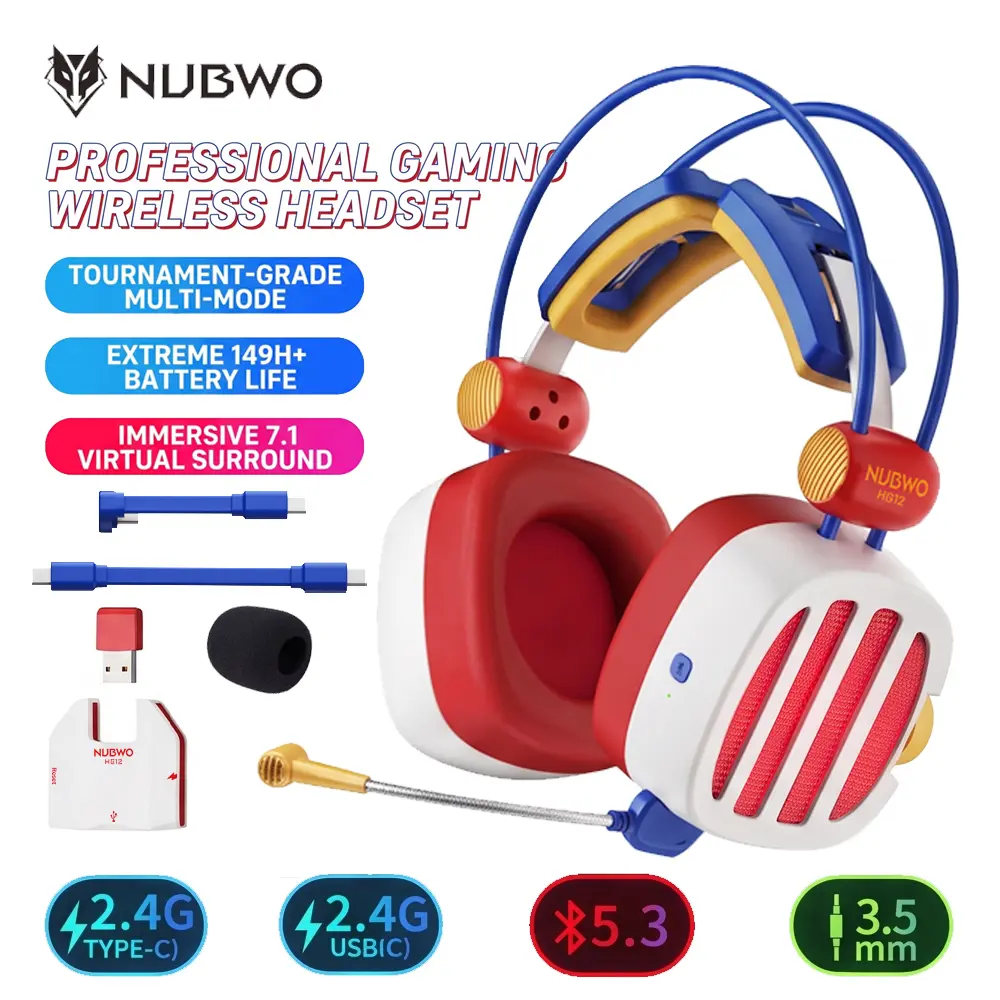 【Back To School】NUBWO HG12  Premium Wireless Gaming Headset, 2.4GHz & Bluetooth 5.3, Virtual 7.1 Surround Sound, 10-Min Fast Charge, 149H Battery, RGB Lights, Detachable Mic, for PC,phone,Tablet, PS5, PS4, Switch, Laptop tiktokshopbacktoschool