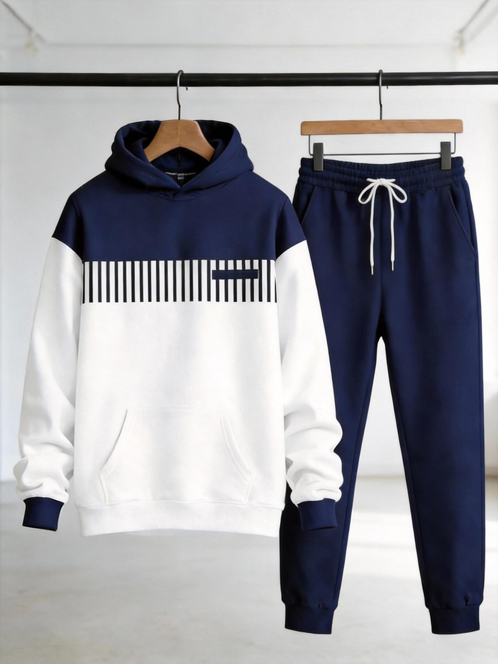 Business Fashion Leisure Set Simple Versatile Hoodie Set Clothes Menswear Long Sleeve Suits 25115 Gamis Wetsuit Black White Color Block Trousers